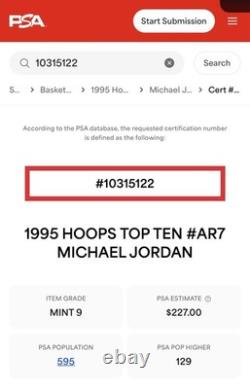 1995 Hoops Top Ten Michael Jordan #ar7 Psa 9 Mint