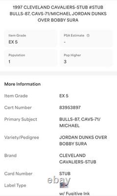 1997 Cavs vs Bulls Ticket Jordan Dunk On Bobby Sura POP 1, Only 3 Higher