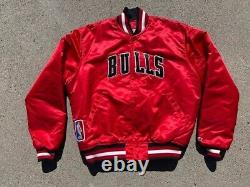 Vintage 90s NBA Chicago Bulls Starter Satin Bomber Jacket With Stitchef On Front